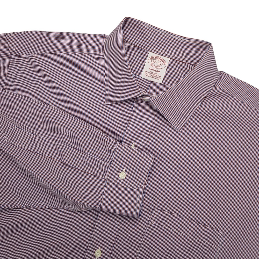 Brooks Brothers Dress Shirt Mens 16.5 34/35 Purple Check Madison Non Iron Supima